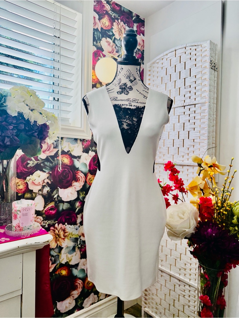 Mason White Mini Dress with Black Lace V-Neck in size small